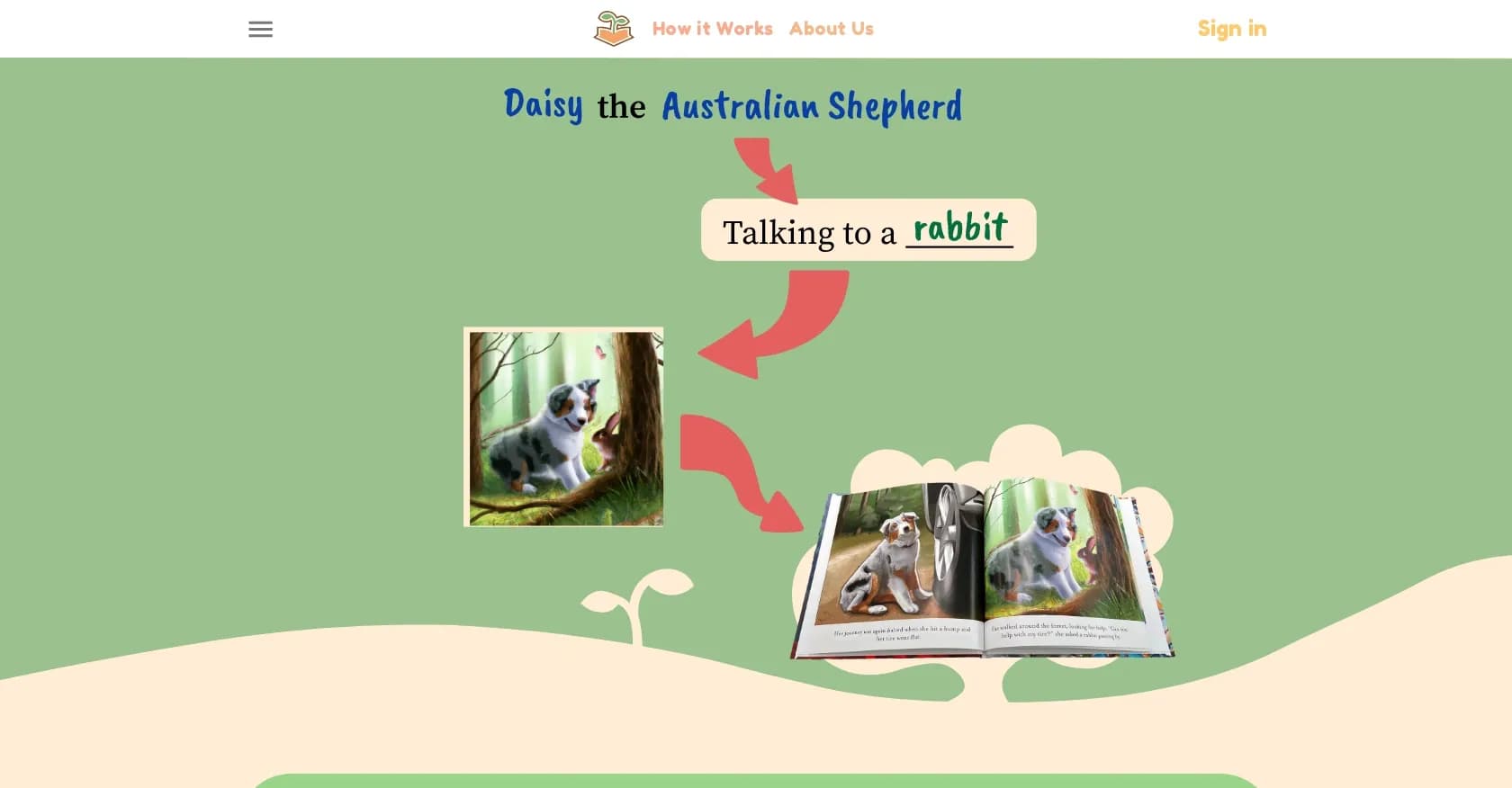 Your Own Story Book homepage screenshot — Create unique pet storybooks with AI magic.
