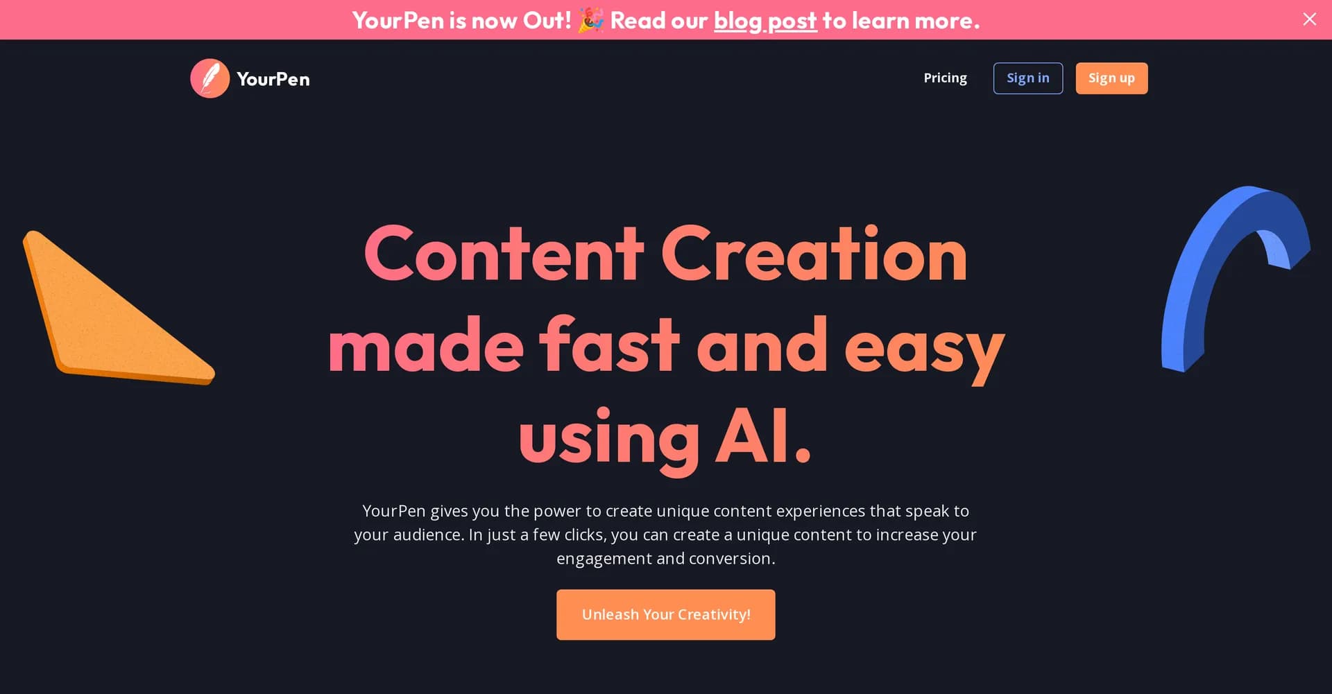 YourPen homepage screenshot — AI-powered content creation in just a few clicks.