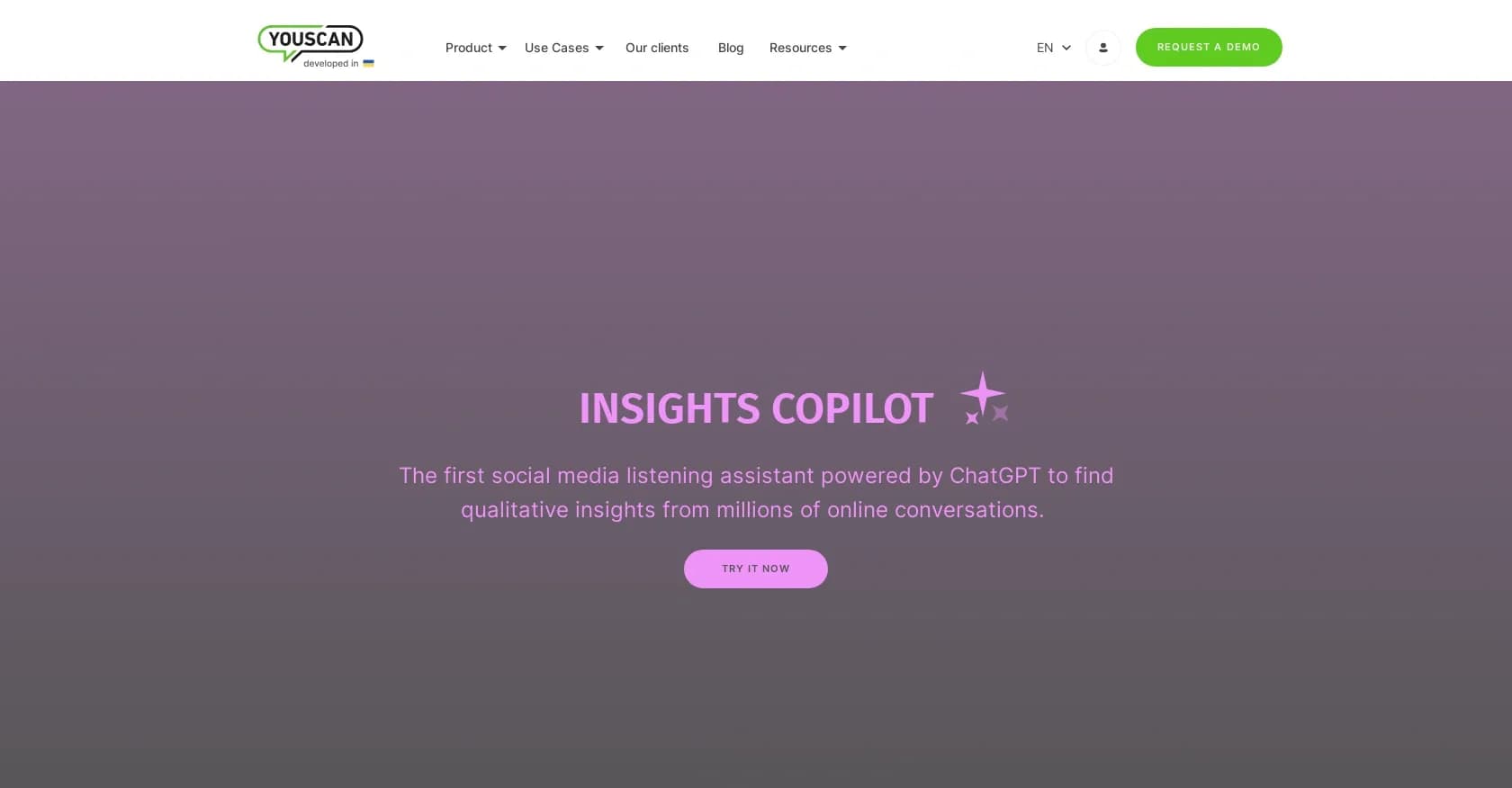 Youscan homepage screenshot — Find social insights faster with AI-powered analysis.