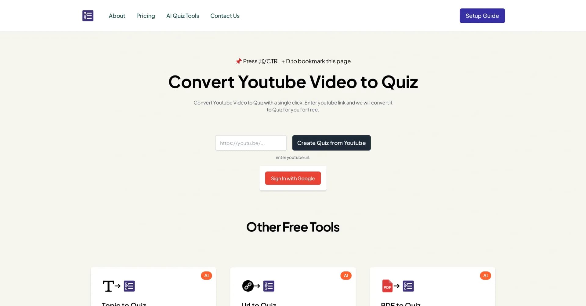 Youtube to Quiz homepage screenshot — Convert YouTube videos to quizzes instantly