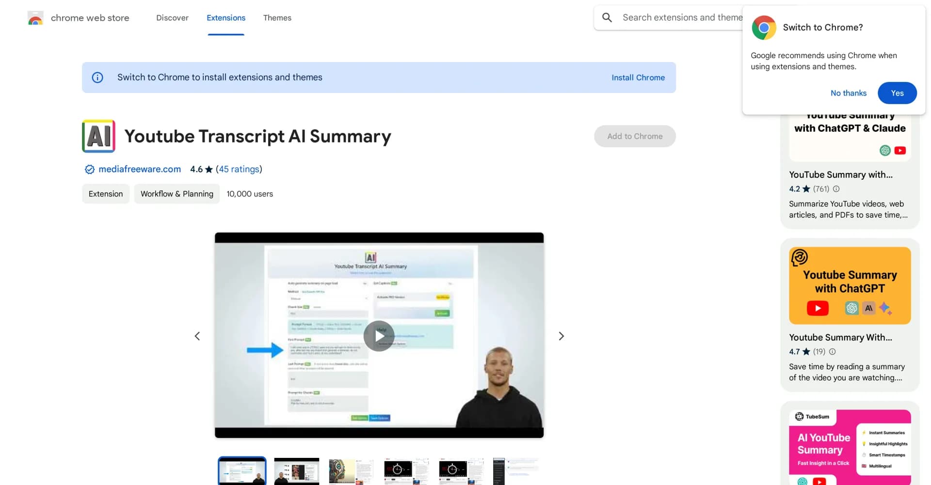 Youtube Transcript AI Summary homepage screenshot — AI summaries for Youtube video transcripts.