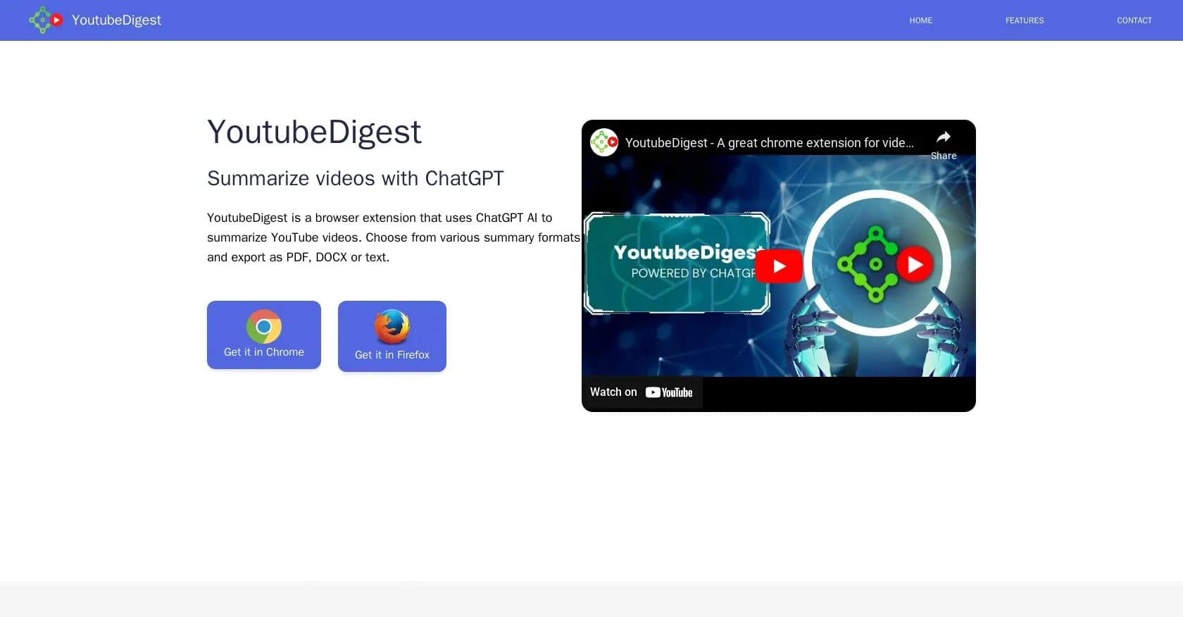 YoutubeDigest homepage screenshot — Summarize YouTube videos with AI in one click