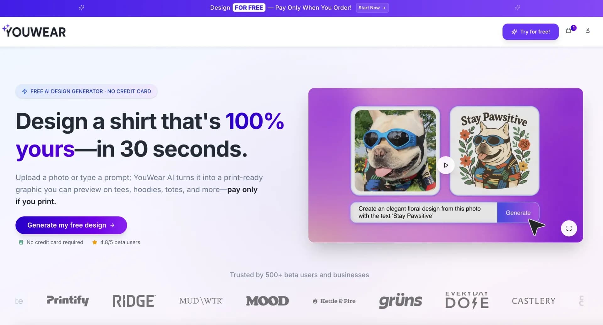 YouWear.ai homepage screenshot — Free AI t-shirt design generator: Transform photos or prompt