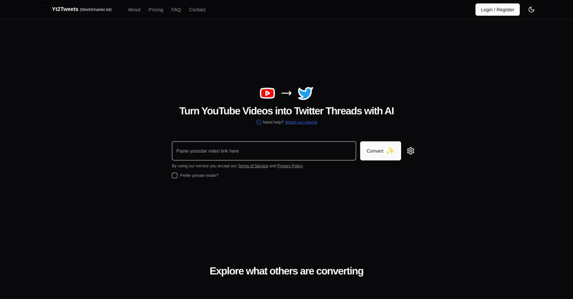 Yt2Tweets homepage screenshot — Turn YouTube videos into Twitter threads with AI