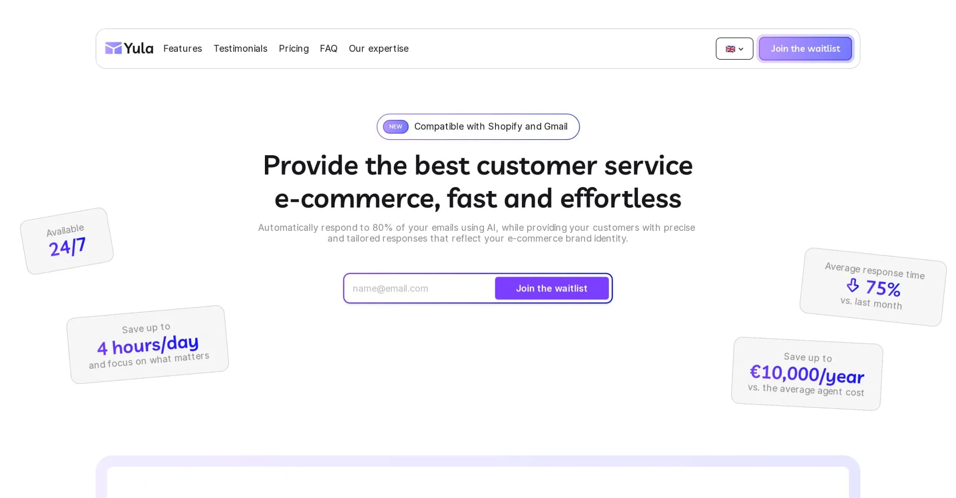 Yula homepage screenshot — AI-powered e-commerce customer service, fast and effortless