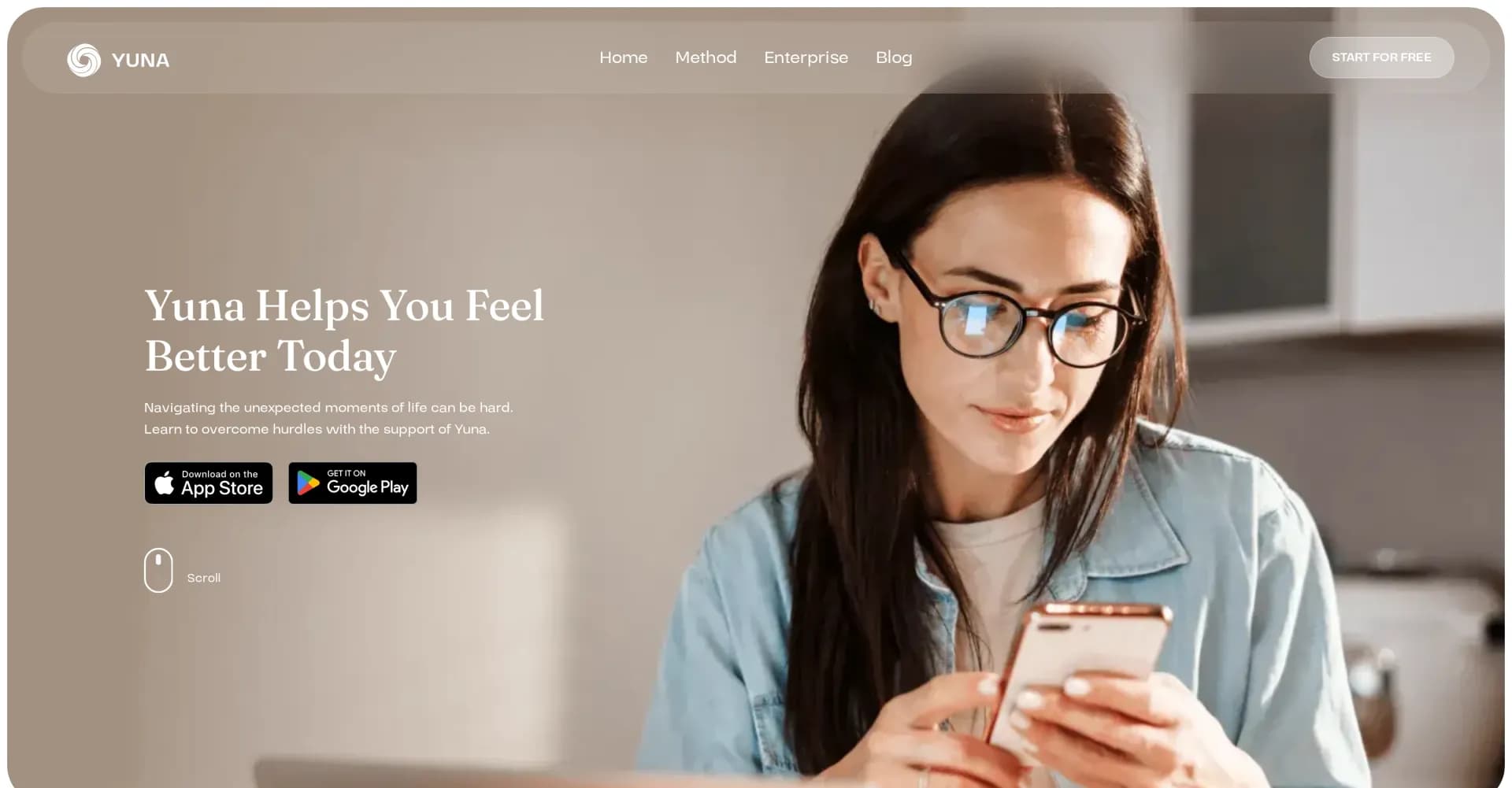 Yuna AI homepage screenshot — Your AI mental health companion for self-discovery