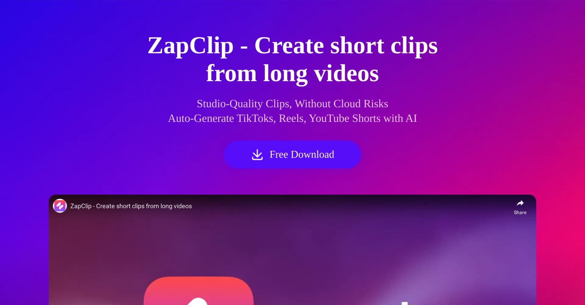 Zapclip homepage screenshot — Create viral shorts from long videos instantly.