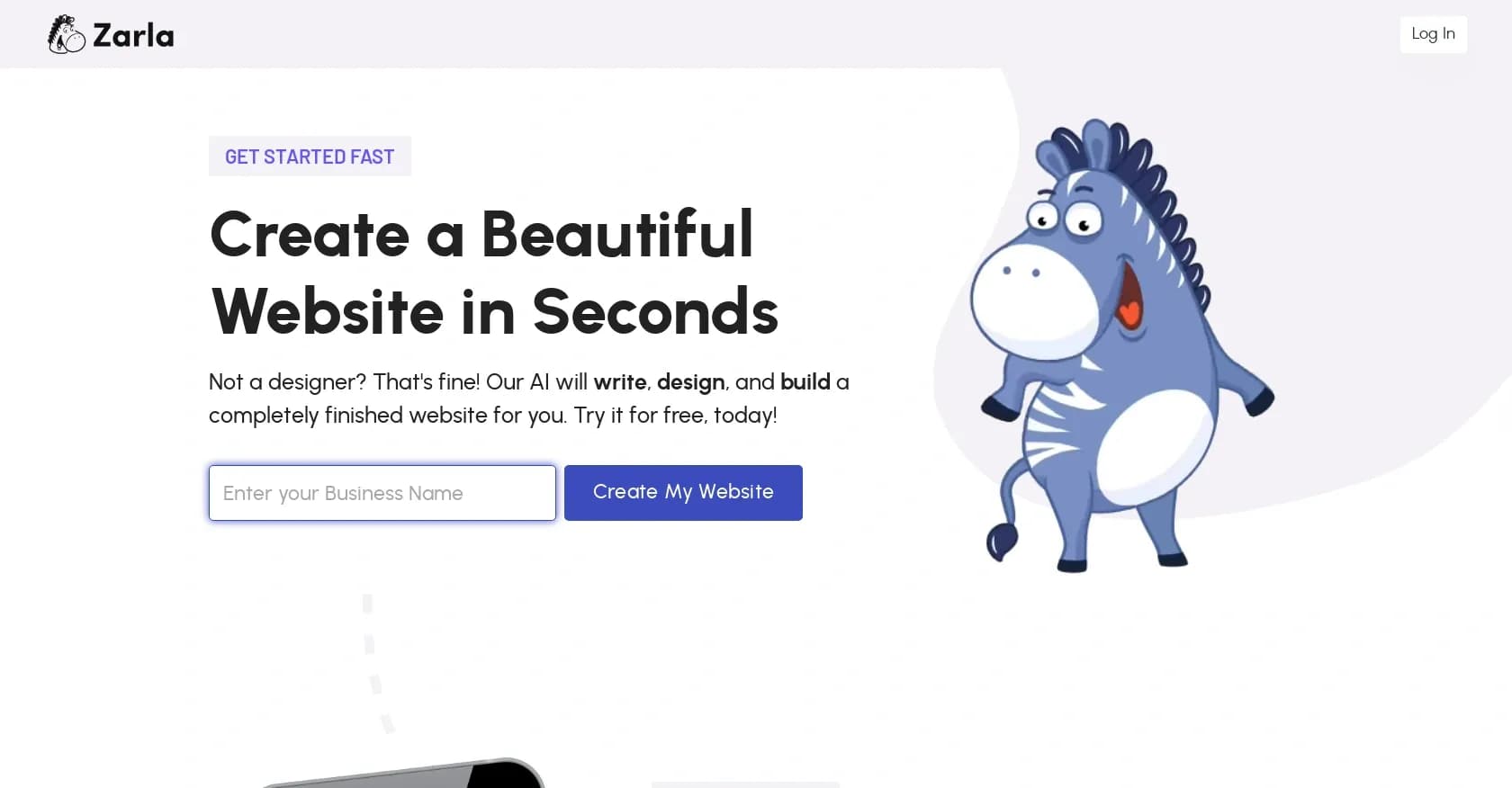 Zarla homepage screenshot — Website creation with automated content and design.