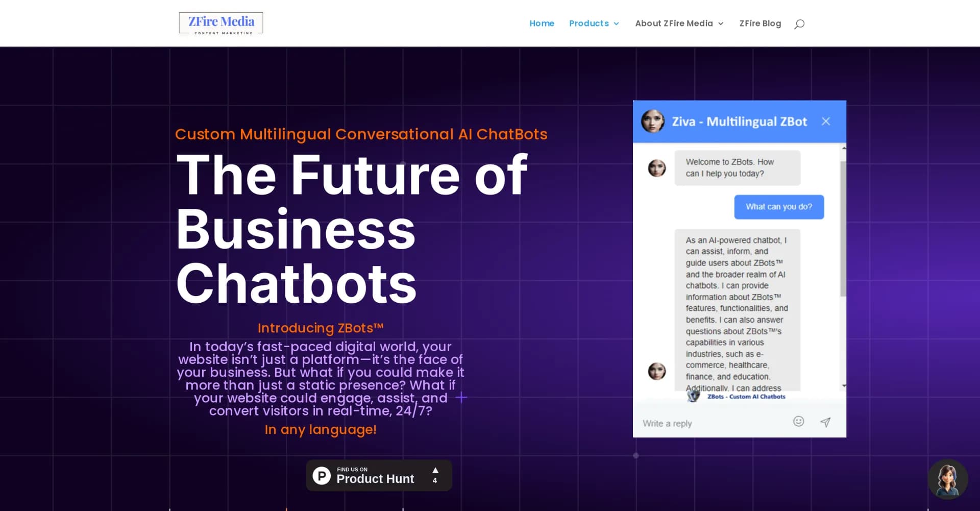 ZBots homepage screenshot — Custom-trained AI chatbots for your business.