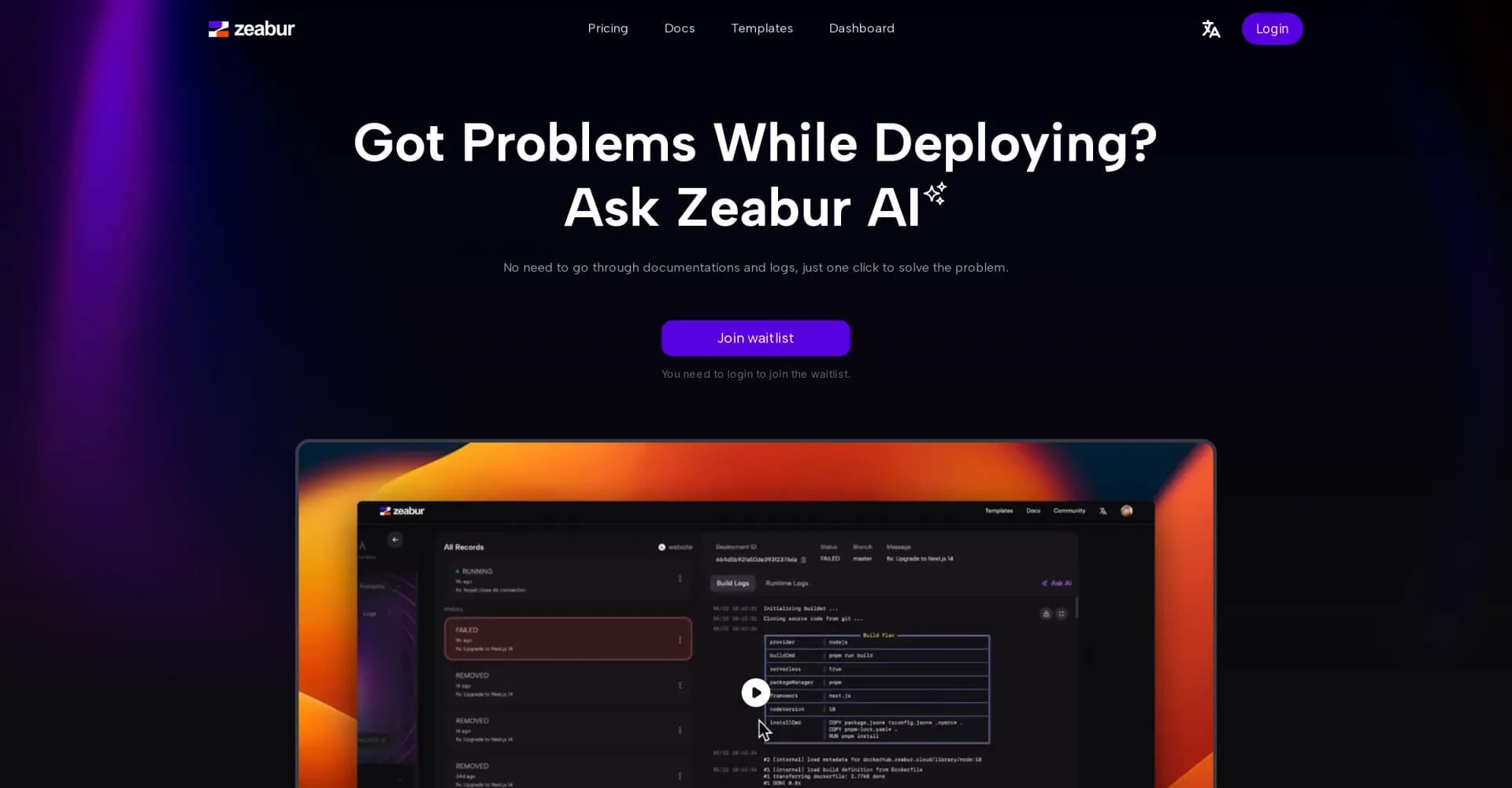 Zeabur AI homepage screenshot — Solve deployment issues with one click.