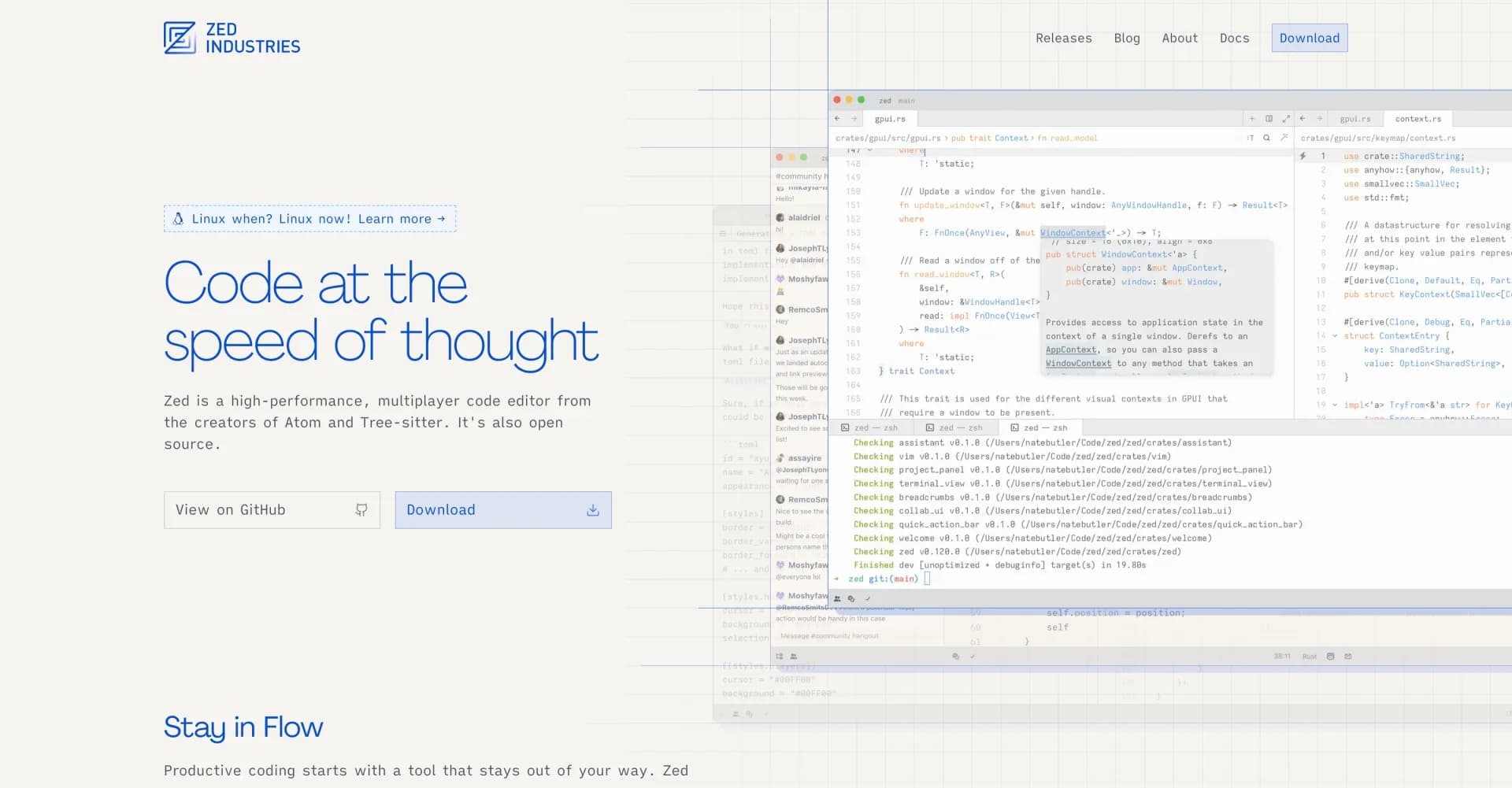 Zed homepage screenshot — Code at the speed of thought