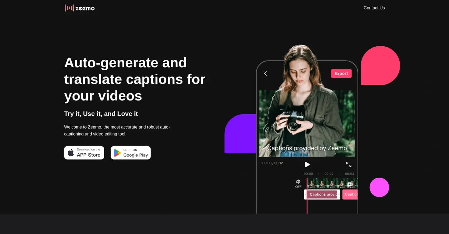 Zeemo homepage screenshot — Auto-generate and translate video captions effortlessly.