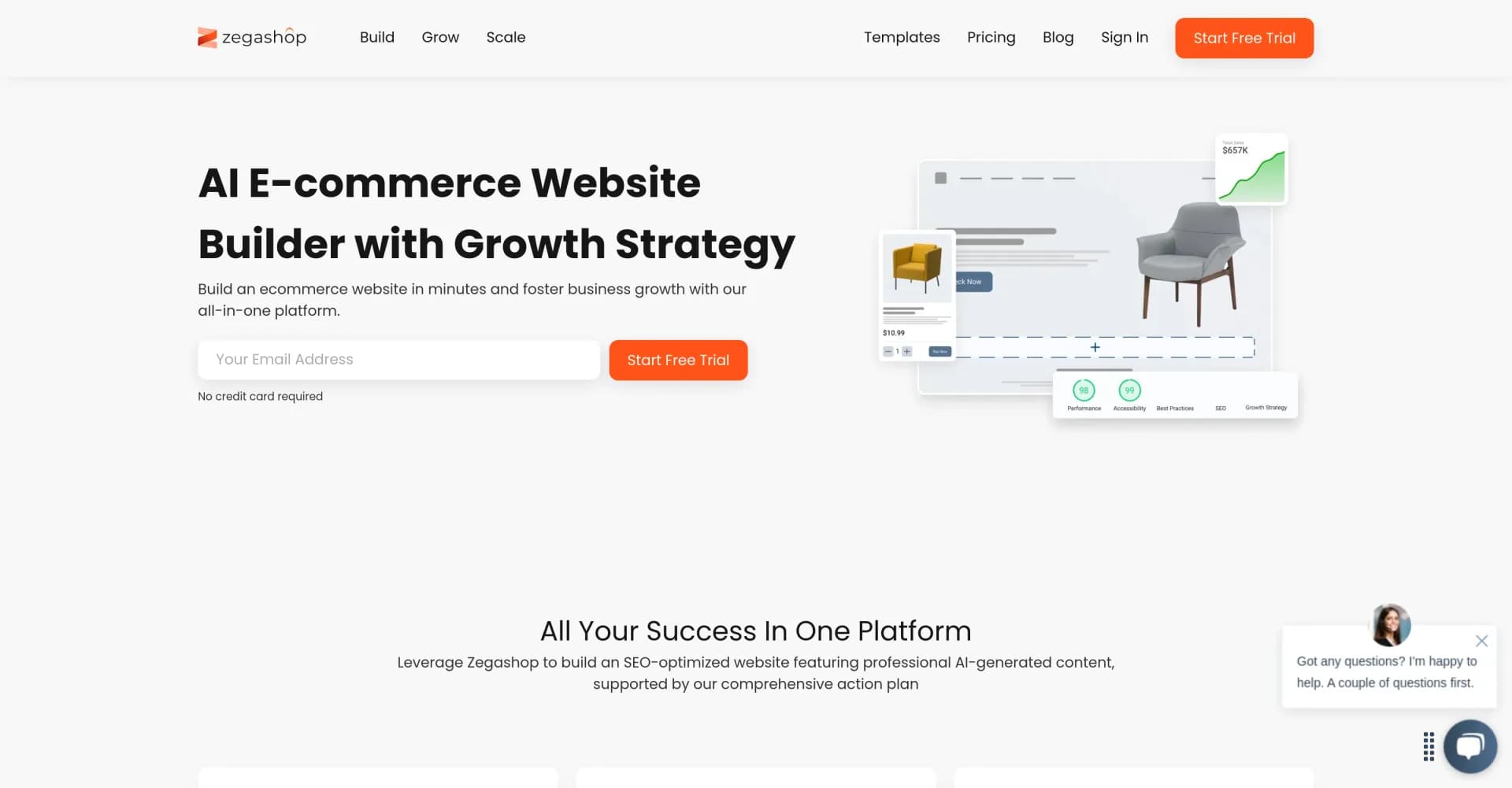 Zegashop homepage screenshot — AI-powered eCommerce builder with built-in growth strategy.