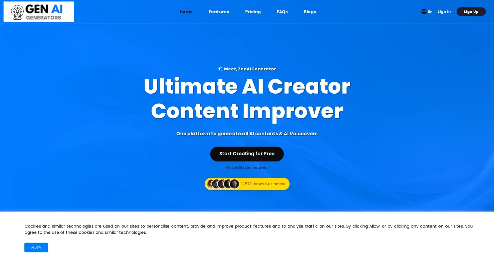 Zen AI Generator homepage screenshot — One platform for all AI content creation