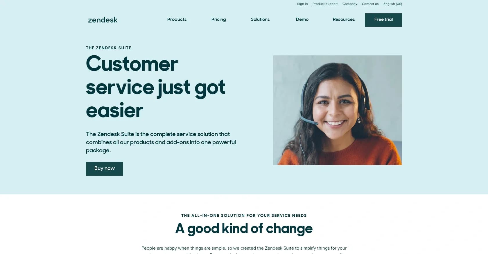 Zendesk Service Suite homepage screenshot — Make customer service easier