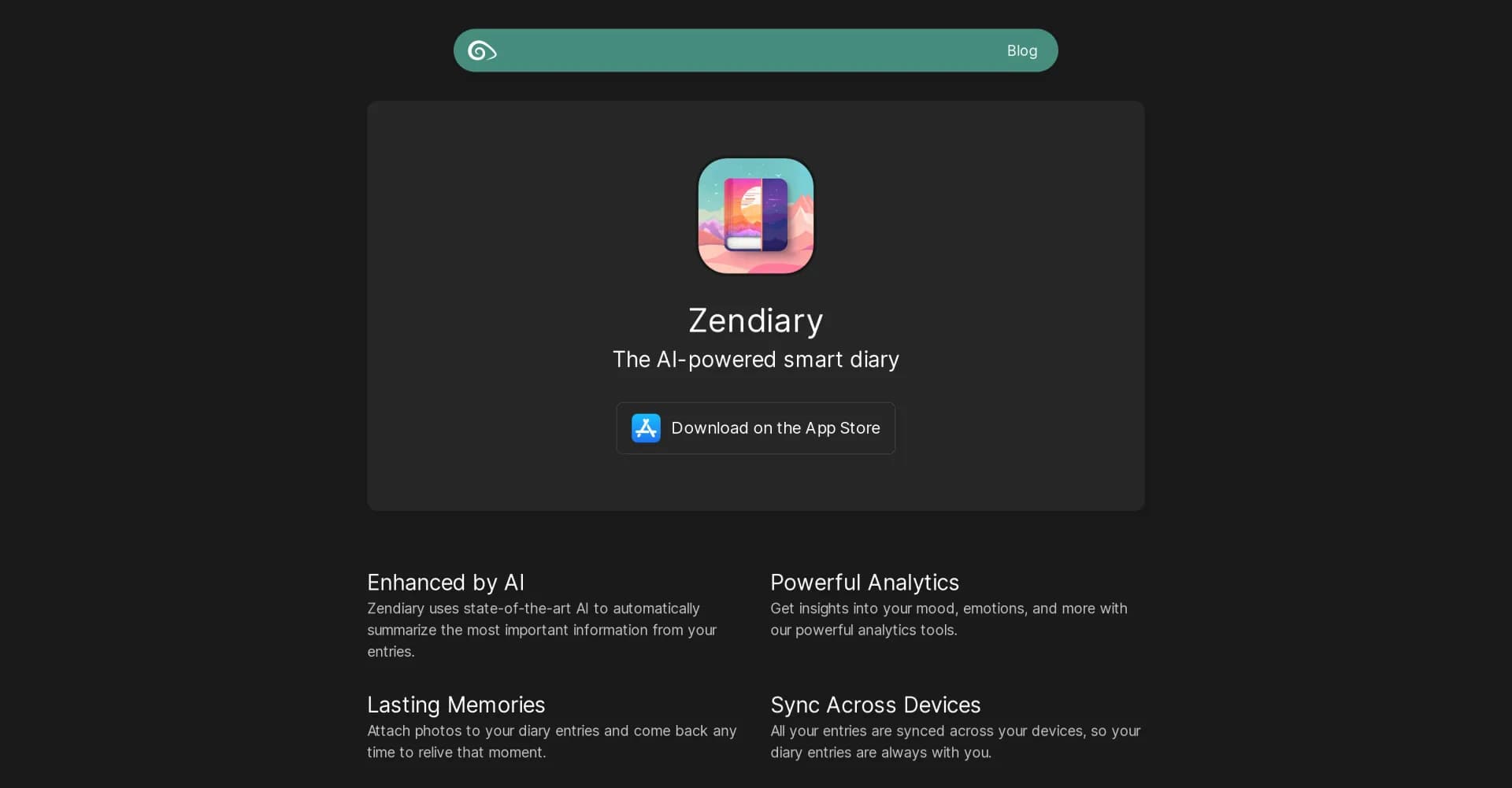 Zendiary homepage screenshot — AI-powered smart diary for self-discovery and growth