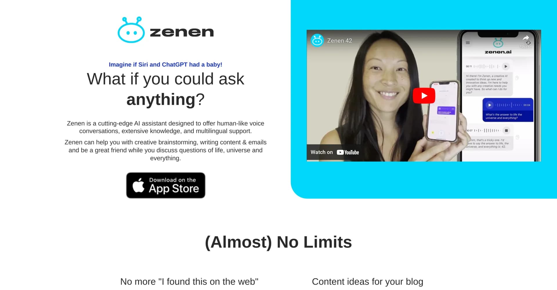 Zenen AI homepage screenshot — AI assistant for human-like conversations and creative tasks