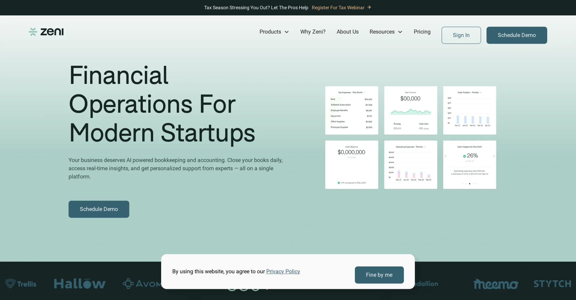 Zeni homepage screenshot — Streamline startup finances with AI-powered bookkeeping.