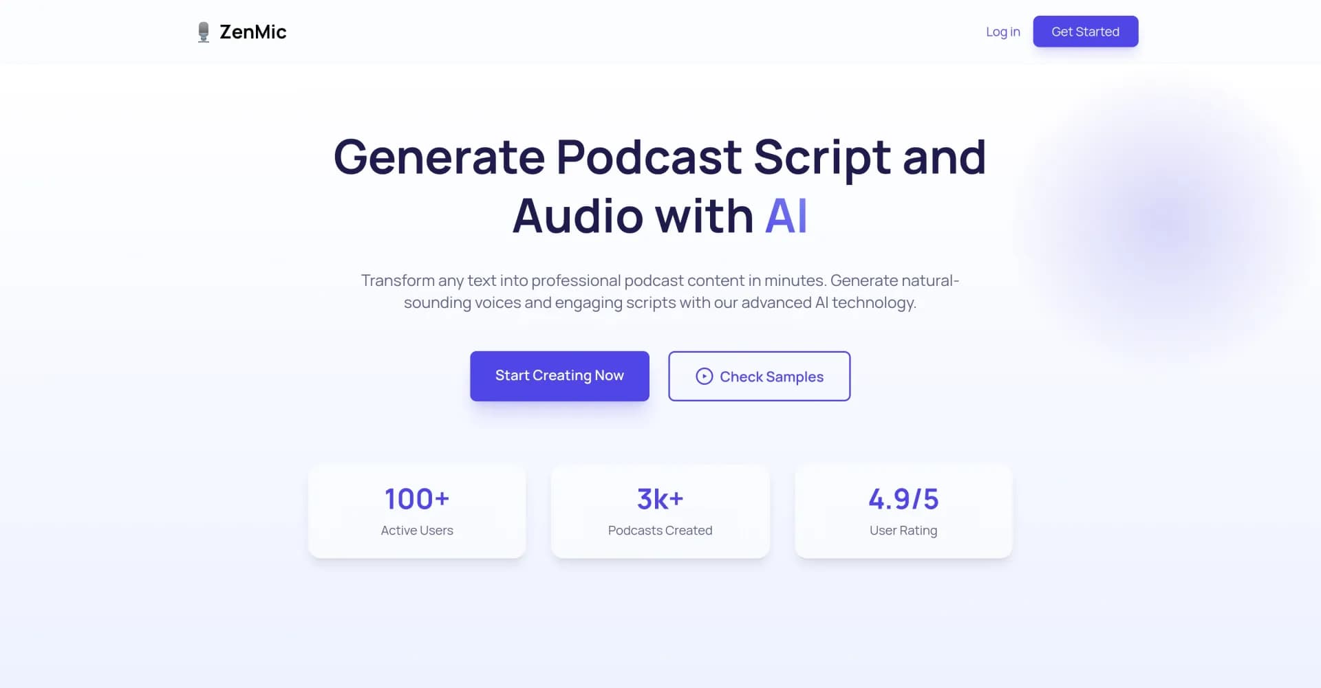 ZenMic - AI Podcast Generator homepage screenshot — Transform text into professional podcasts in minutes.