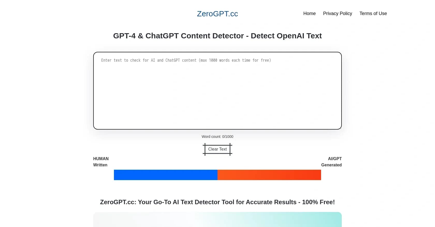 ZeroGPT.CC homepage screenshot — Detect AI-generated text with precision