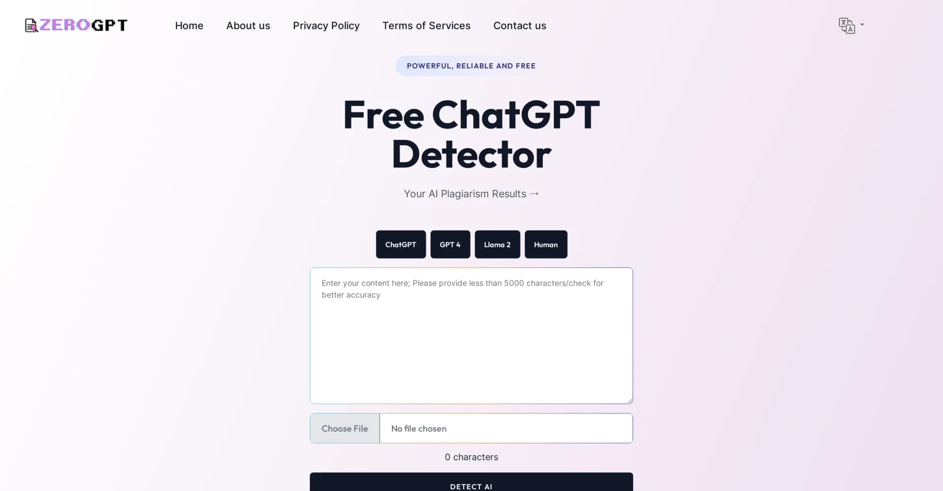 ZeroGPT - Free ChatGPT Detector homepage screenshot — Unmask AI-generated content with precision.