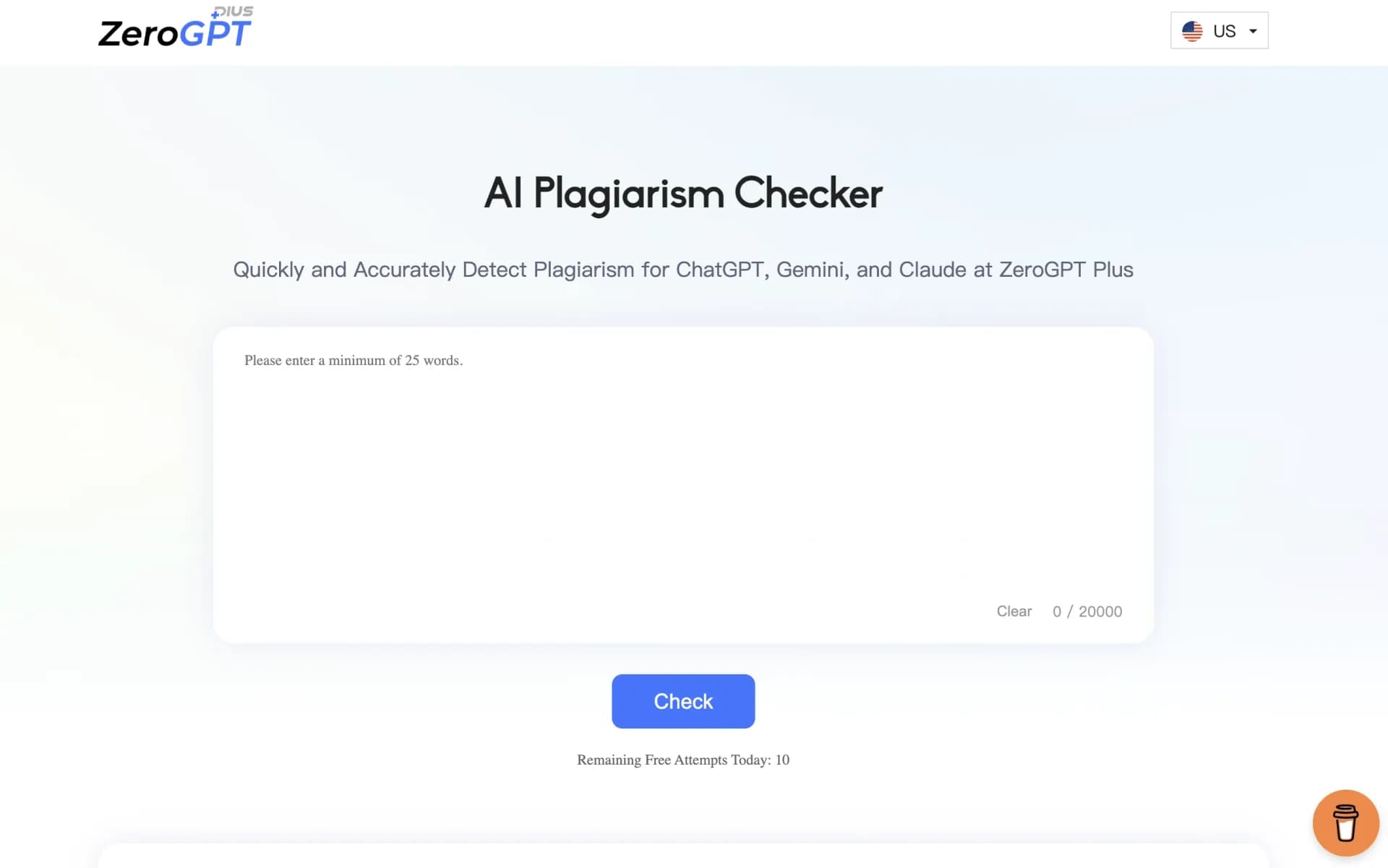 ZeroGPT Plus homepage screenshot — Detect AI-generated content with precision.