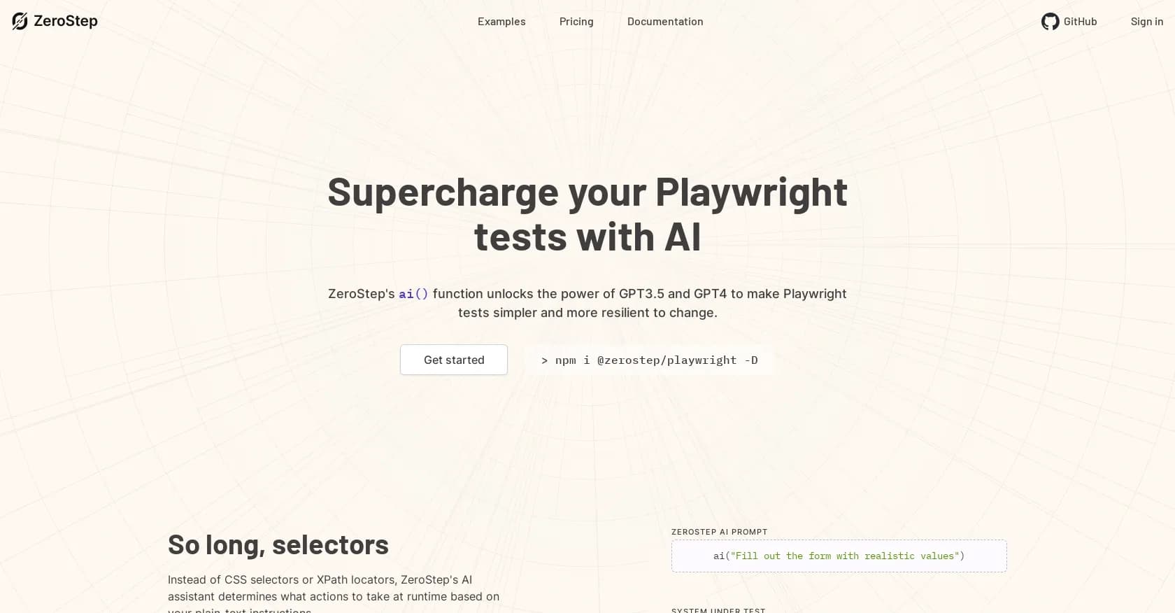 ZeroStep homepage screenshot — Supercharge Playwright tests with AI-powered automation