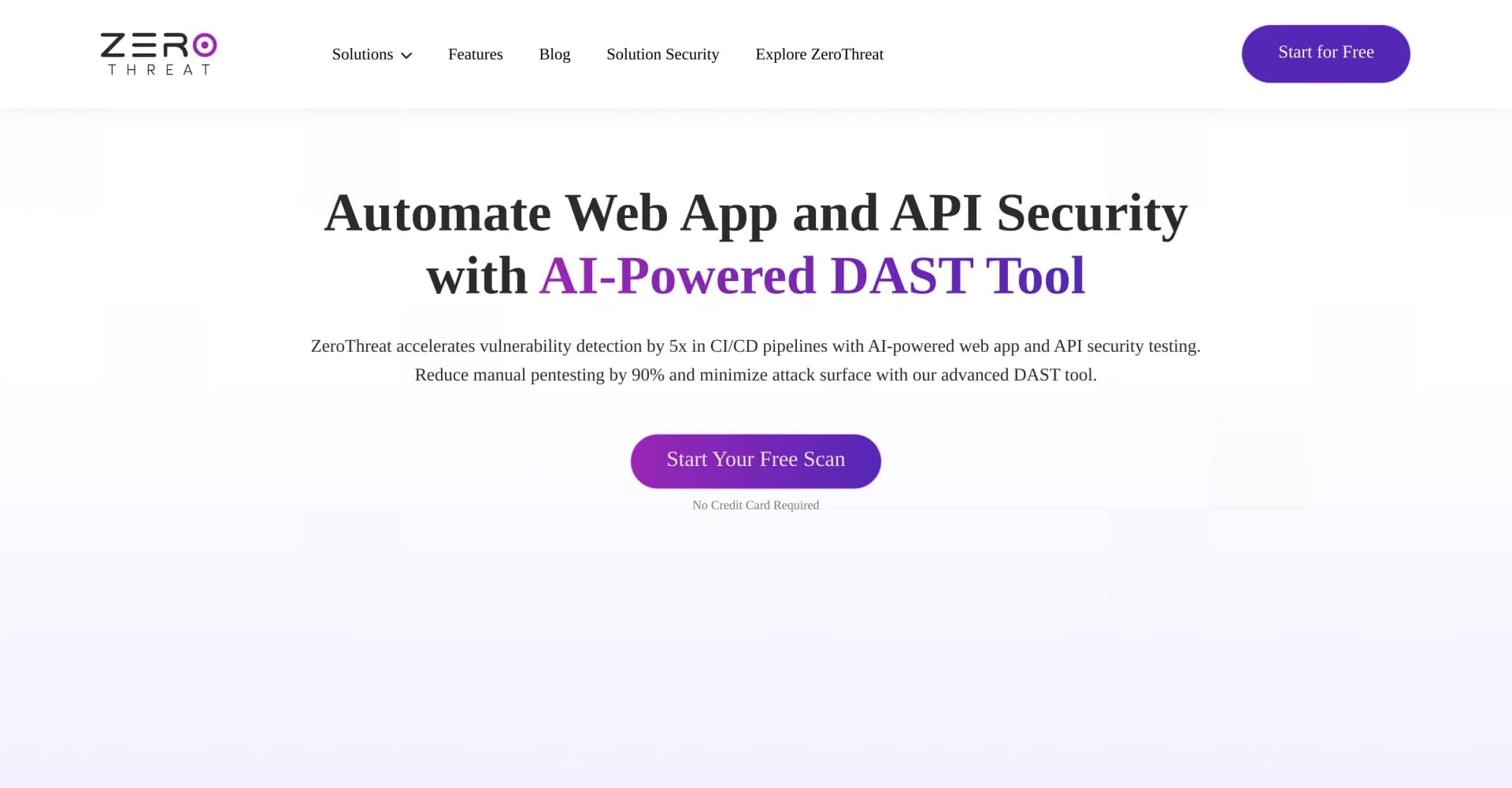 ZeroThreat homepage screenshot — Detect web app & API vulnerabilities 5x faster