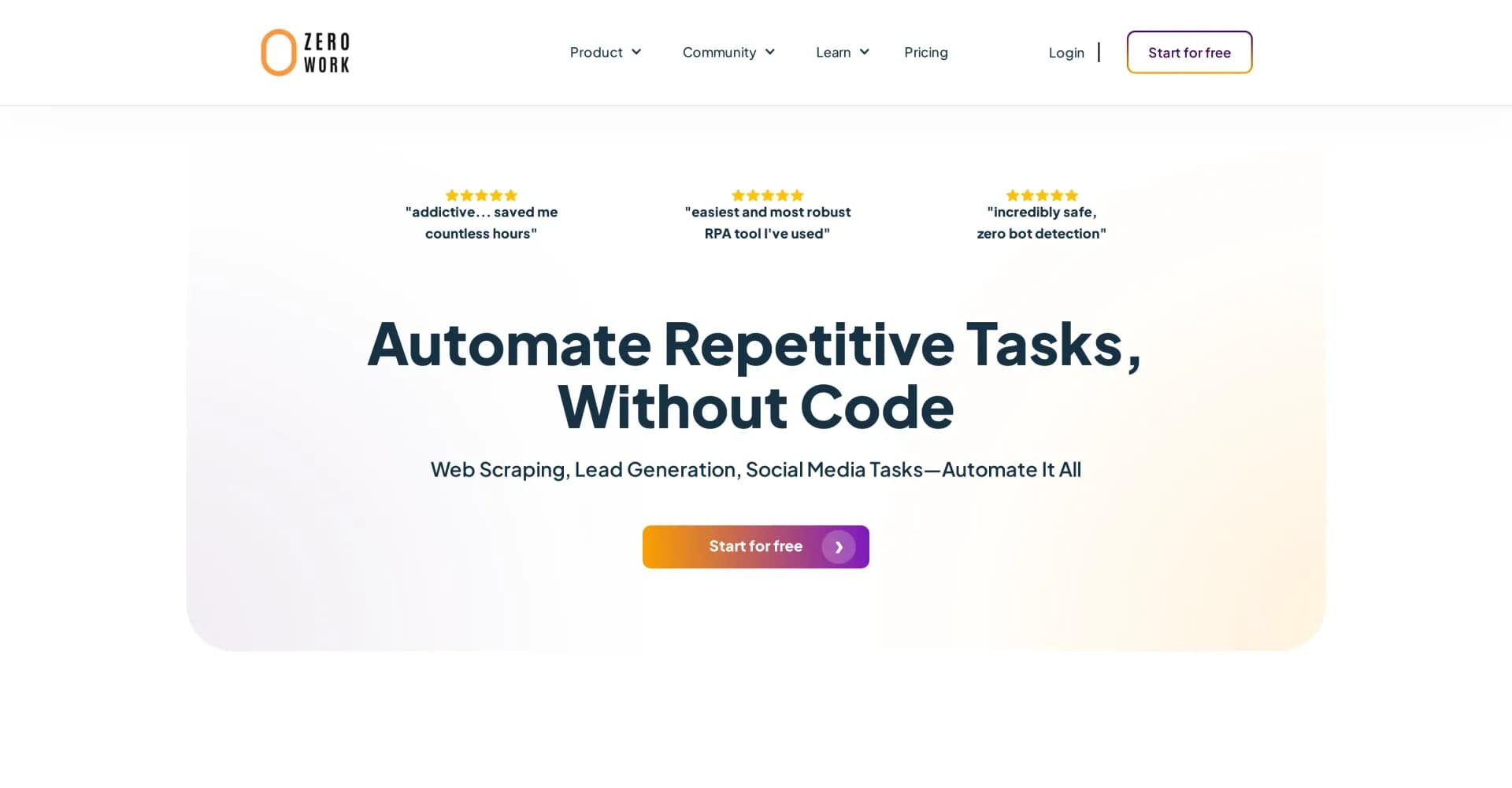 ZeroWork homepage screenshot — Automate tasks with AI-powered TaskBots