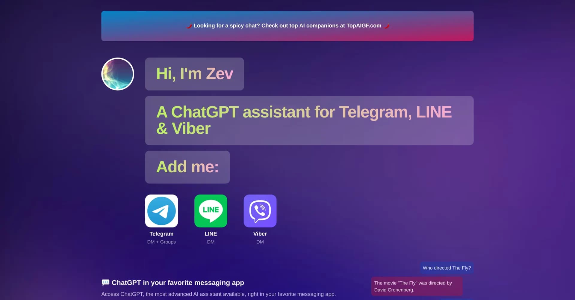 Zev homepage screenshot — ChatGPT assistant in your favorite messaging app