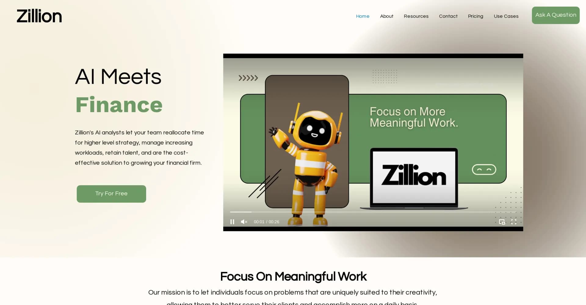 Zillion homepage screenshot — AI analysts for financial firms