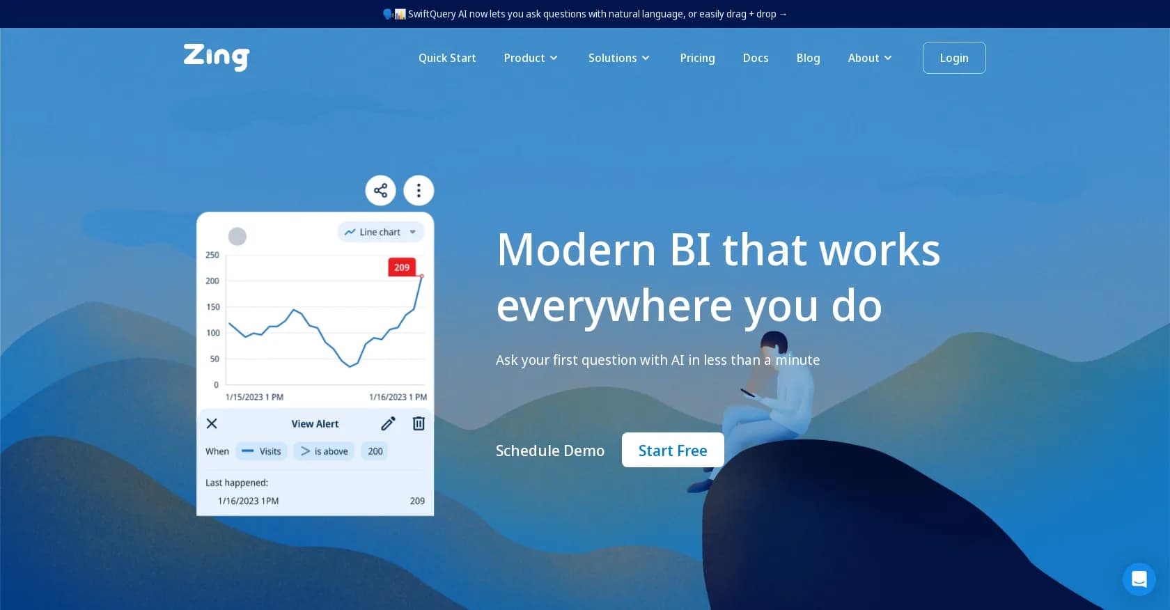 Zing Data homepage screenshot — Mobile-first business intelligence for instant answers.