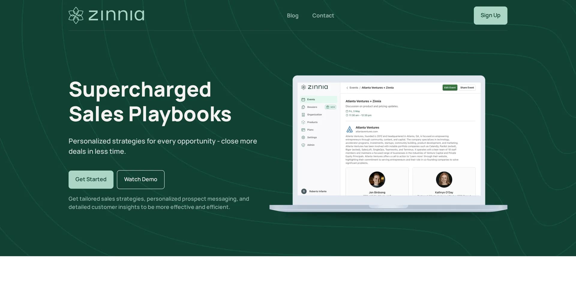 Zinnia homepage screenshot — Supercharge sales with personalized strategies and insights