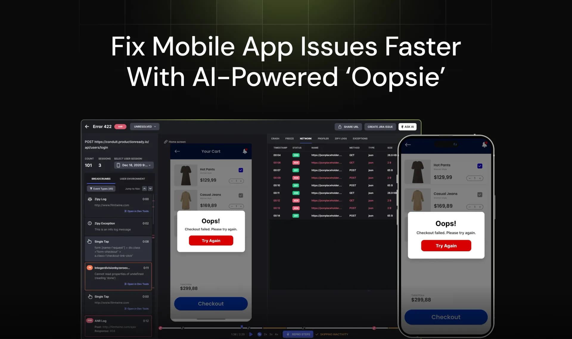 Oopsie, by Zipy homepage screenshot — Debug Flutter & React Native mobile apps with AI & Session R