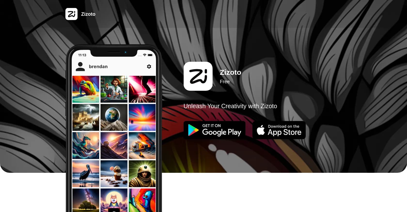 Zizoto homepage screenshot — Generate, morph, and print AI images in a social network.