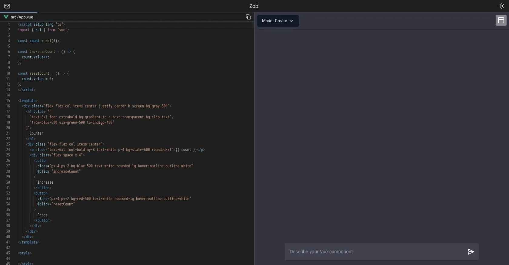 Zobi homepage screenshot — Build interactive counters with Vue.js