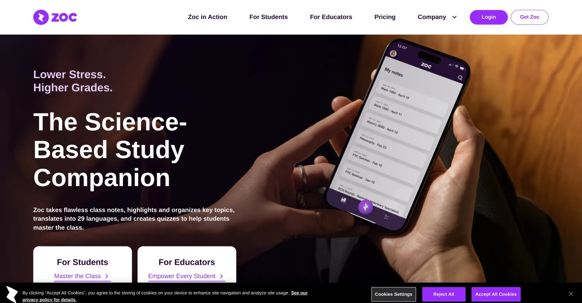 Zoc homepage screenshot — AI-powered note-taking for stress-free learning.