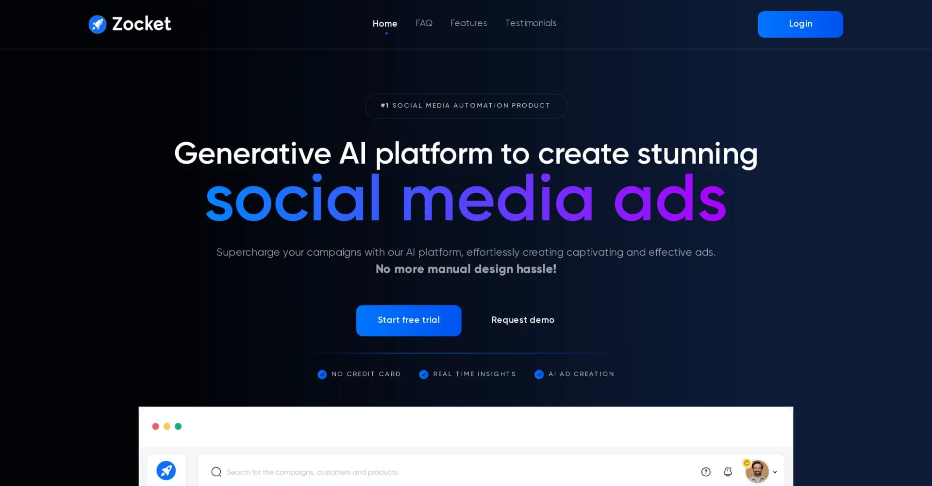 Zocket homepage screenshot — Create stunning social media ads in seconds with AI
