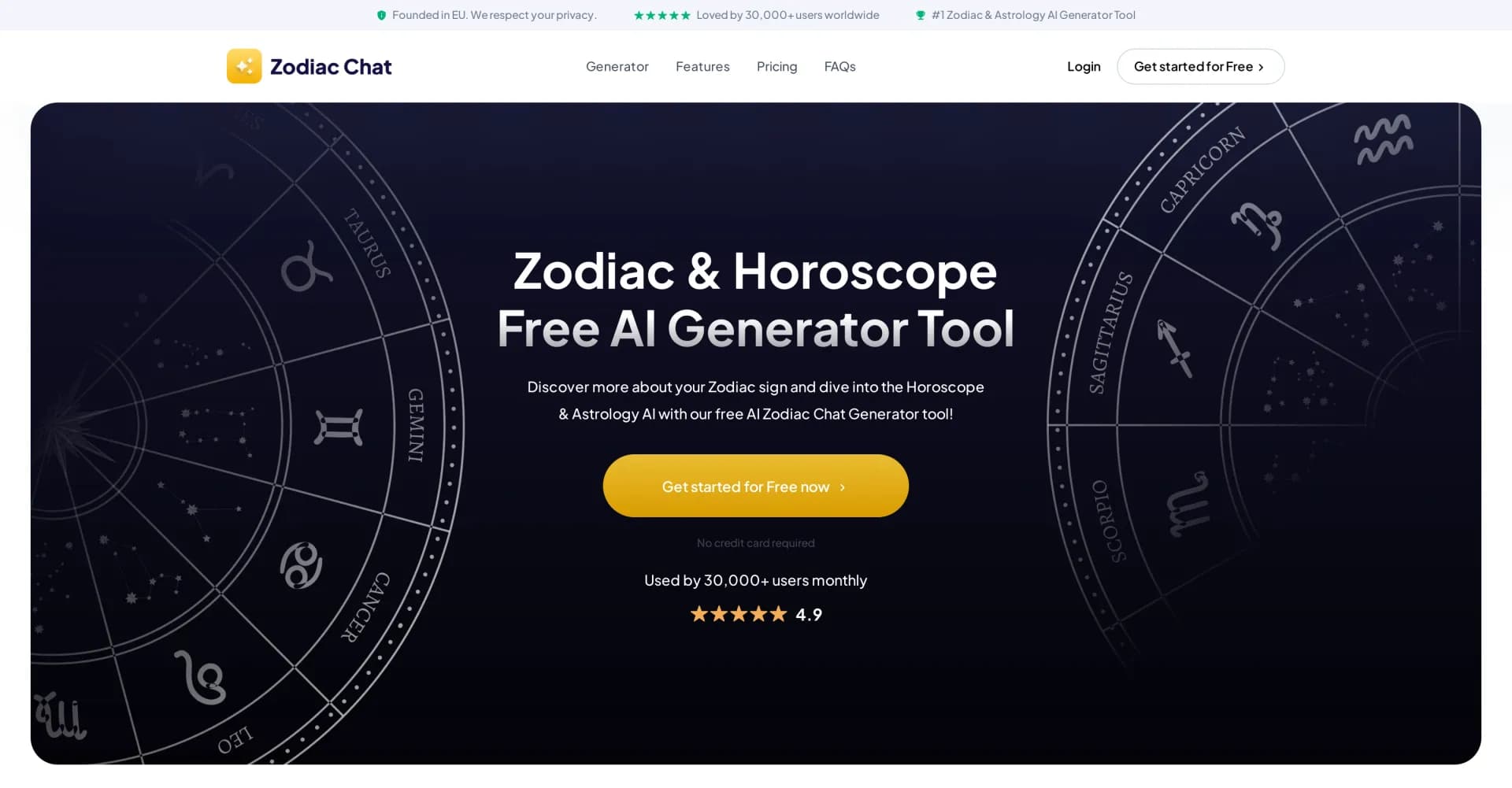 Zodiac-Chat homepage screenshot — AI-powered zodiac insights and personalized horoscopes