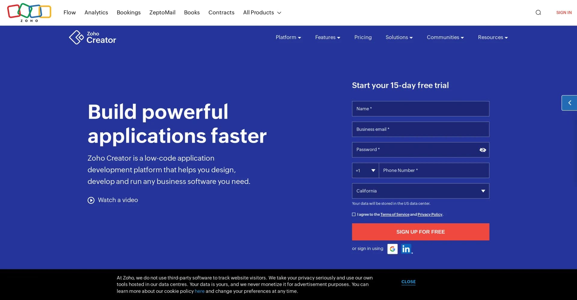 Zoho Creator homepage screenshot — Build powerful custom apps faster with low-code.