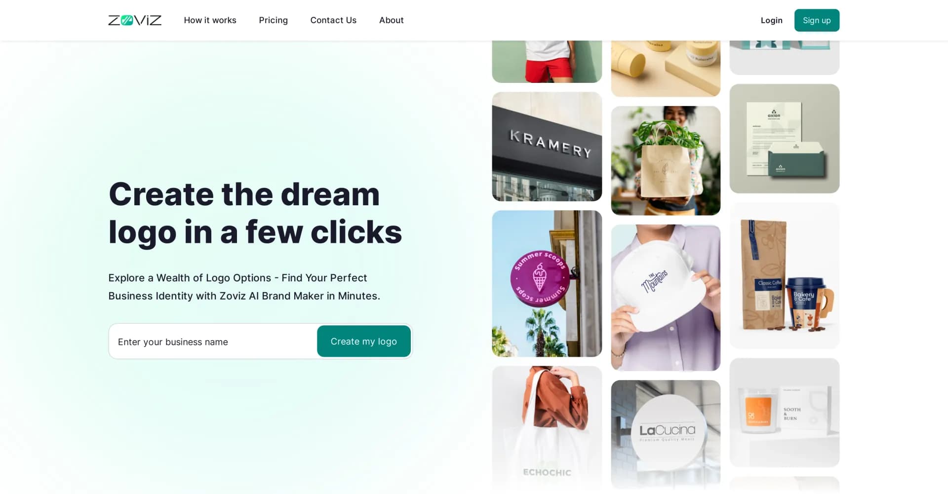 Zoviz homepage screenshot — Create your dream logo in minutes with AI