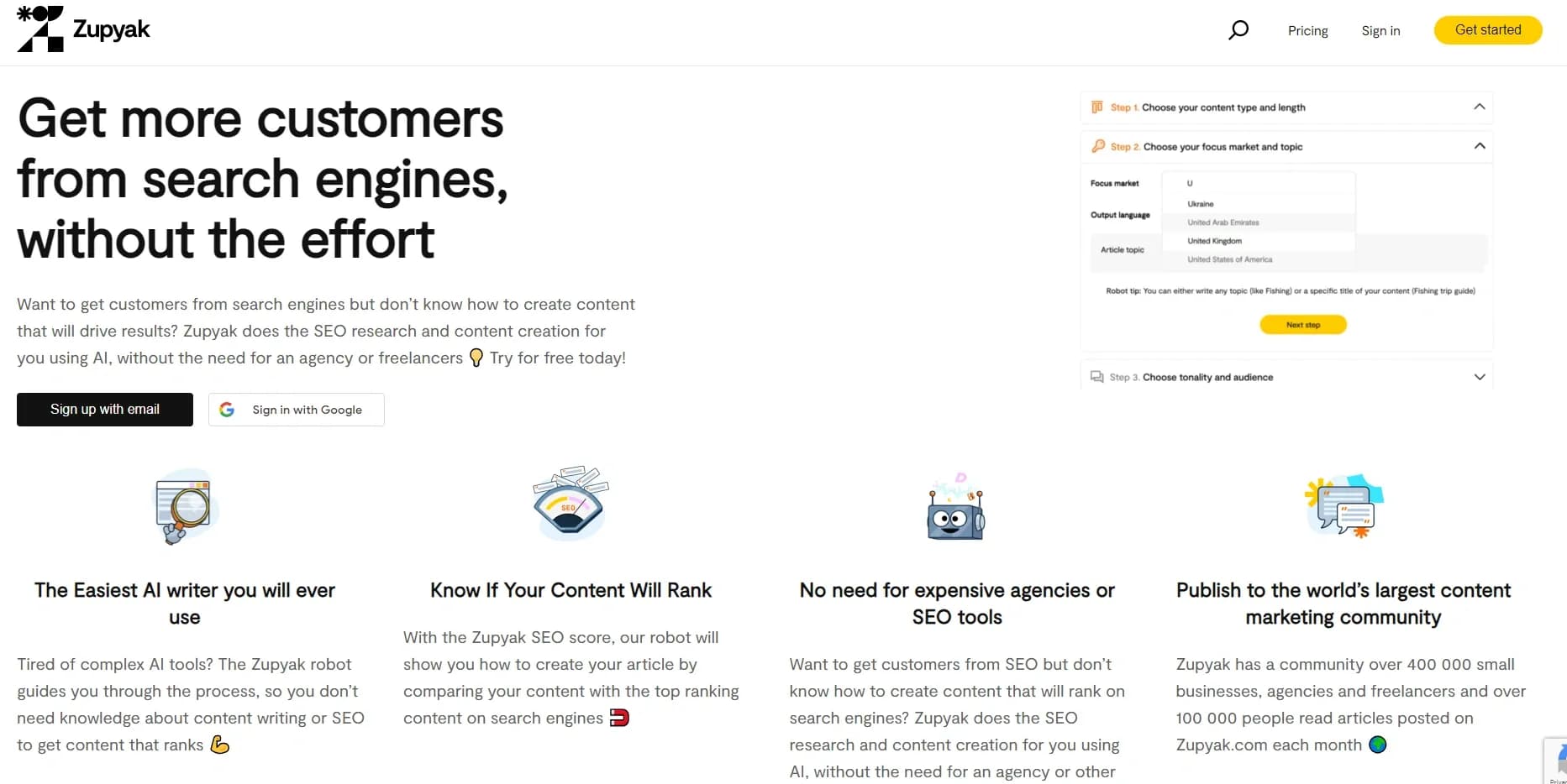Zupyak homepage screenshot — AI-powered SEO writing made effortless