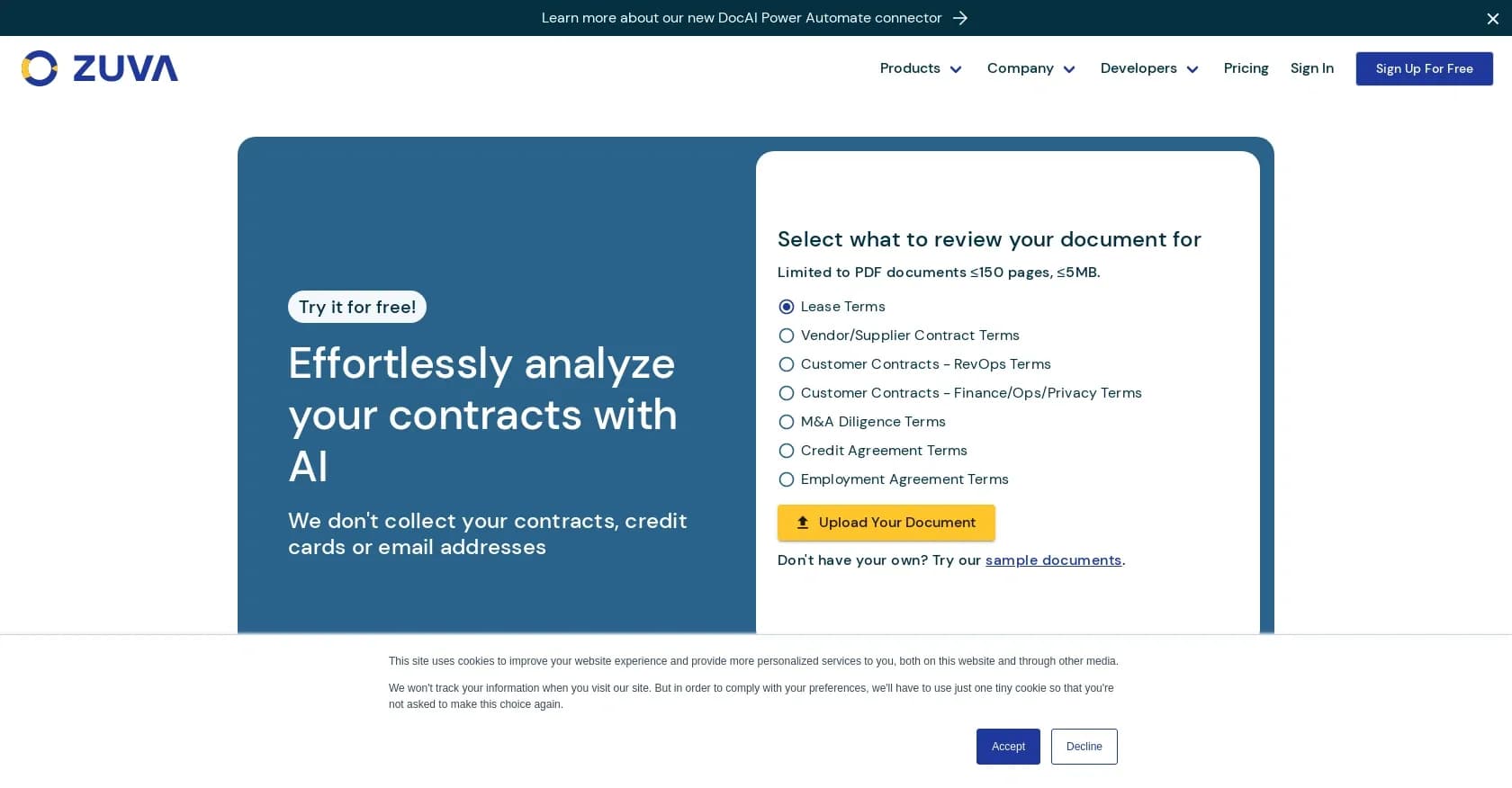 Zuva Contracts AI homepage screenshot — AI-powered document analysis and insights