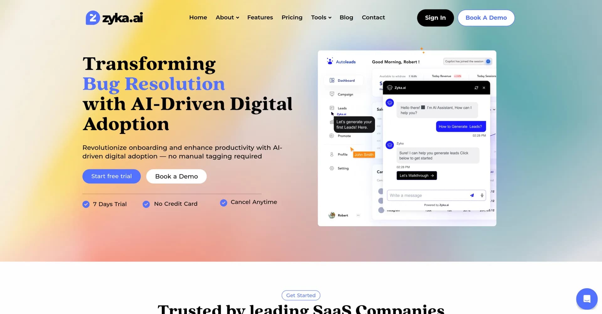Zyka homepage screenshot — AI-driven digital adoption for seamless SaaS onboarding.