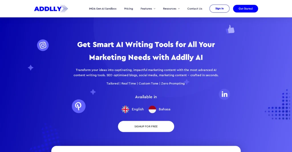 Addlly interface showing homepage