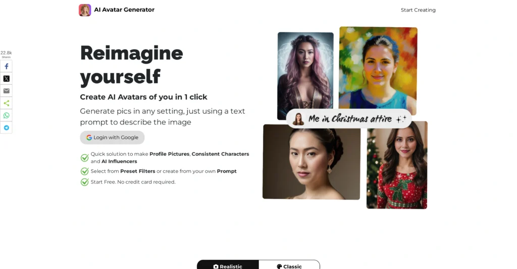 AI Avatar Generator interface showing homepage
