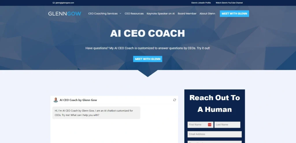 AI CEO Coach by Glenn Gow interface showing homepage