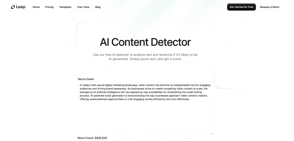 AI Content Detector by Leap interface showing homepage