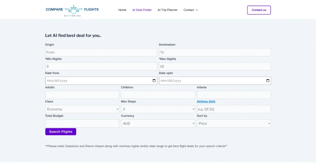 AI Deal Finder interface showing homepage