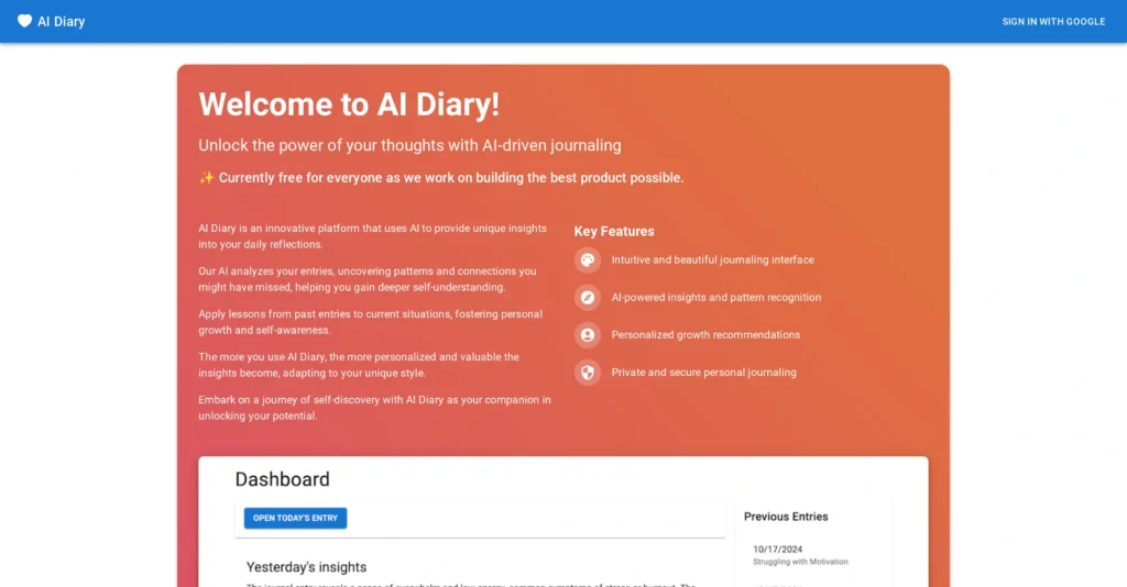 AI Diary interface showing homepage